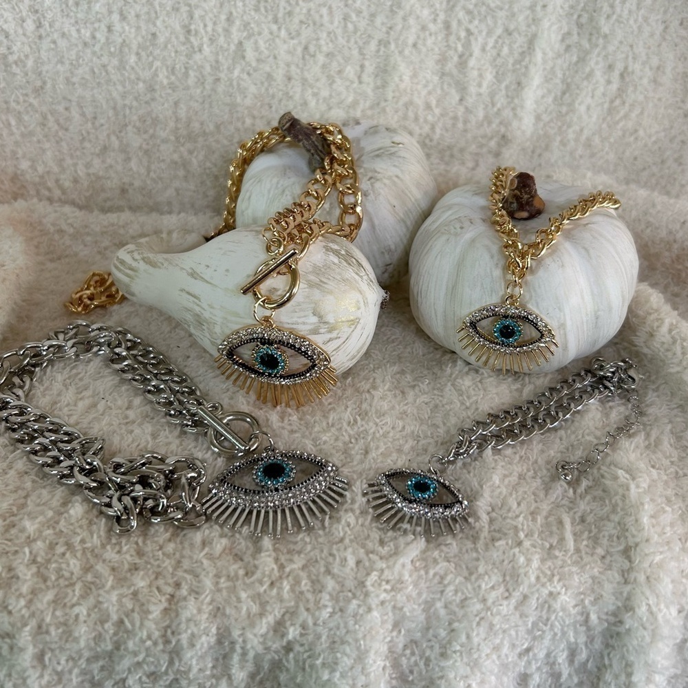 PROTECTION LUCKY RHINESTONE EVIL EYE NECKLACE & BRACELET SET NWOT